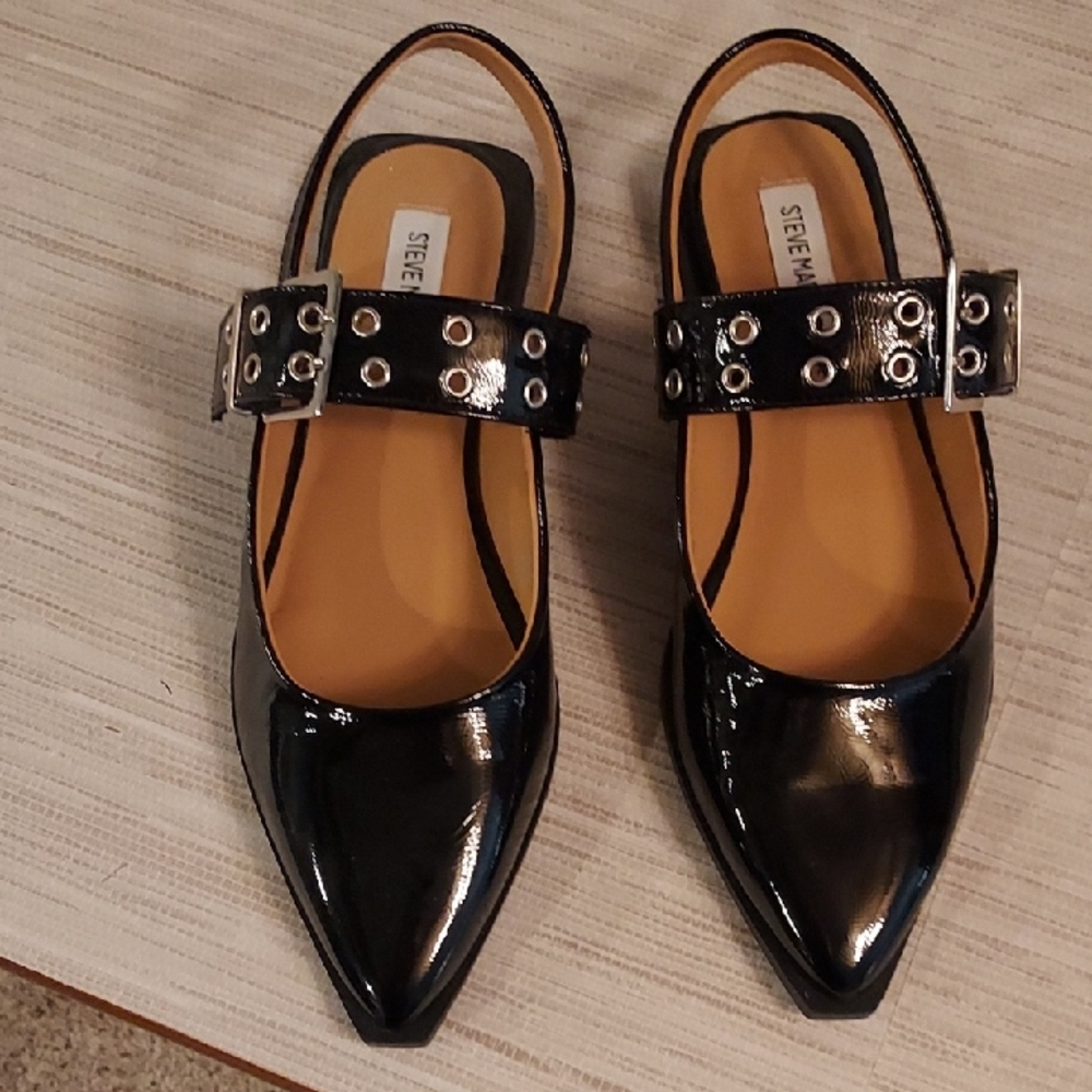 Steve Madden Black Patent Flats with Silver Buckle